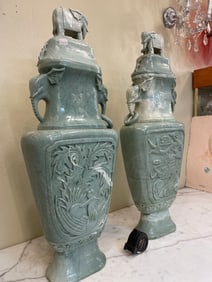 Large Pair of Hand-Carved Jade Vases