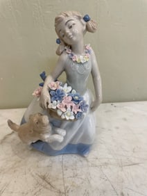Porcelain Girl with Dog & Flower Basket Figurine
