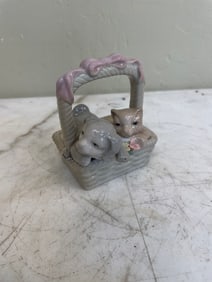 Small Porcelain Puppies in Basket Figurine