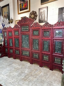 Chinese 7-Panel Hand-Carved Jade, Rosewood Screen/Room Divider