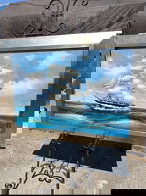 Oil on Canvas Painting - Sailboat at Sea, Framed