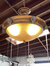 Frosted Glass and Wood Chandelier with Lions