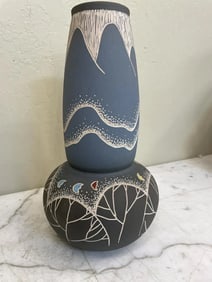 Blue Clay Vase with Etched Nature Design