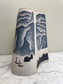 Asymmetrical Clay Vase with Mountain, Boat Scenery