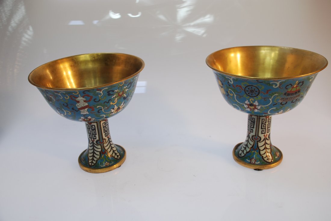 Pair of Cloisonne Chinese Pedestal Bowls 6 in. Height (1 of 6)