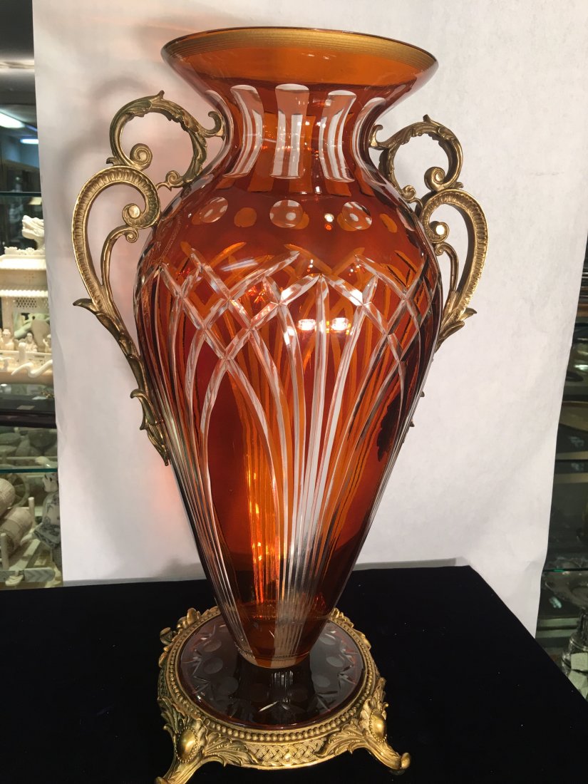 Dark Amber Handcut Crystal Footed Bowl w/ Bronze (1 of 4)