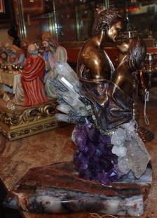 Bronze Statue w/ Amethyst, Crystal, & Hematite by Vidal: Beautiful bronze of two lovers with amethyst crystals and quartz on a polished onyx base with signature. In excellent condition. Measures 15h x11.5w. From a private collection.