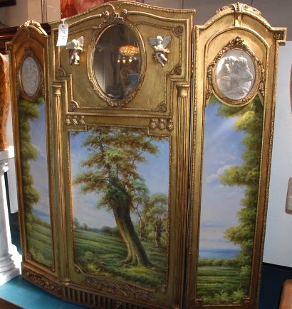 3-Panel Hand-Painted Gilded Screen with Oval Mirror (1 of 7)
