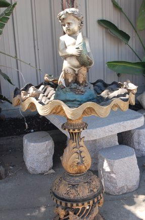 Dual Patinated Bronze Fountain w/ Boy, Fish, & Birds (1 of 7)