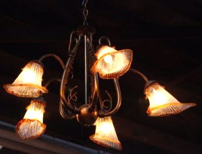 Five Light Stained Glass Chandelier: Beautiful five light stained glass chandelier measures approximately 17" in height by 2 feet in diameter.