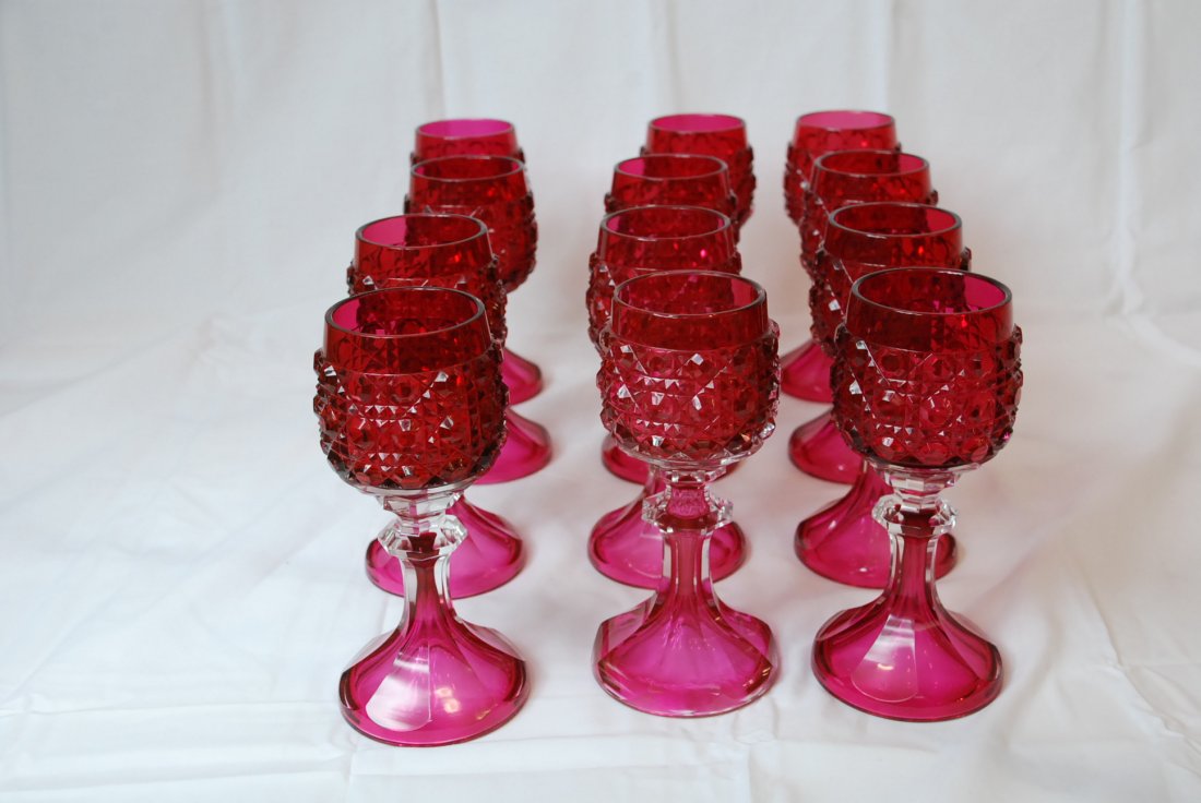 Set of 12 Cranberry Hand-Cut Crystal Liquor Glasses (1 of 10)