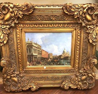 Scene of Venetian Port Oil on Canvas Vintage Painting: Oil on canvas painting depicting a Venetian port. A vintage painting framed in heavy gilded frame. From a private collection. Measures approx. 29" H x 33" W