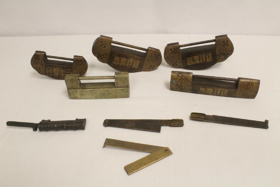 6 Chinese bronze/brass locks; 4 with inlaid (1 of 10)