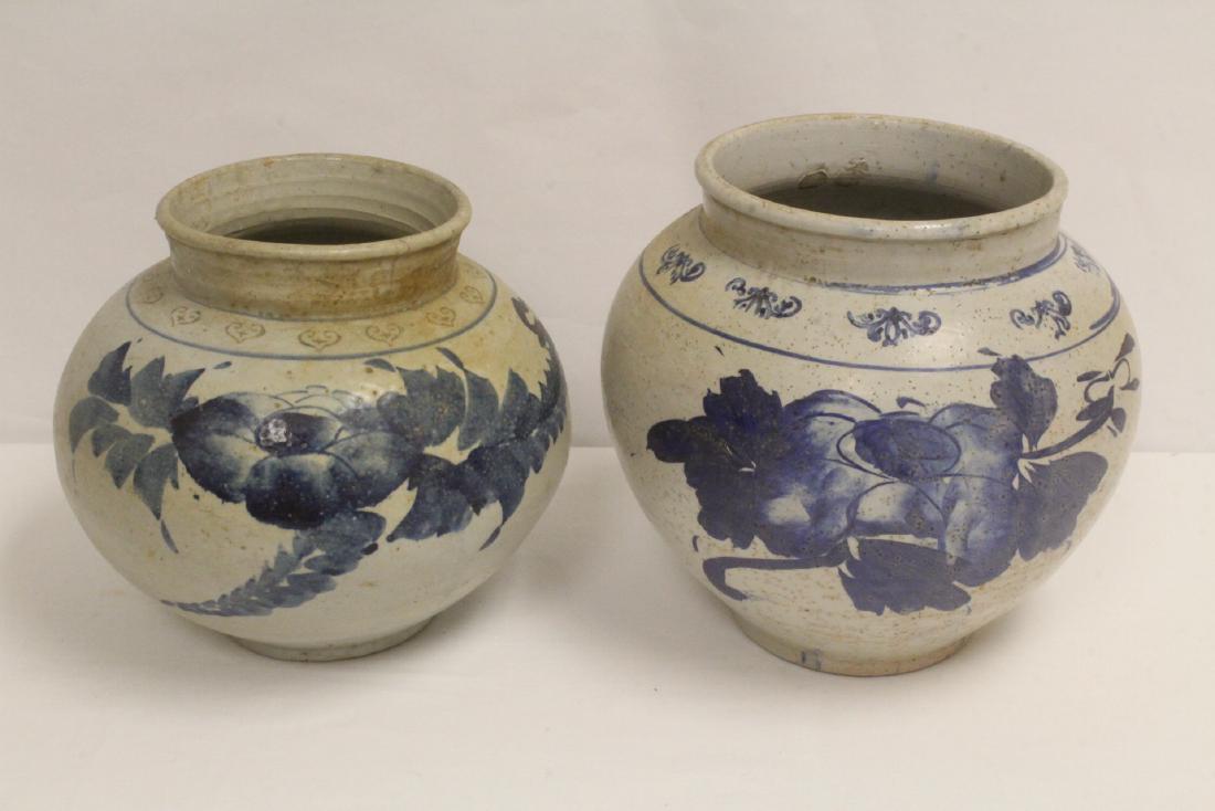 2 antique Korean blue and white jars: 2 antique Korean blue and white jars (one has hairline), 9.25"Hx10.25"dia, 10"Hx10.25"dia