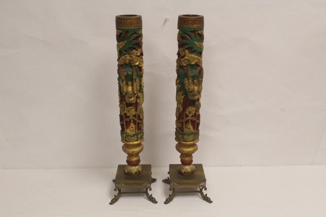 Pair Chinese antique gilt wood candle holders: Pair Chinese antique gilt wood carved candle holders, 20.8"H each