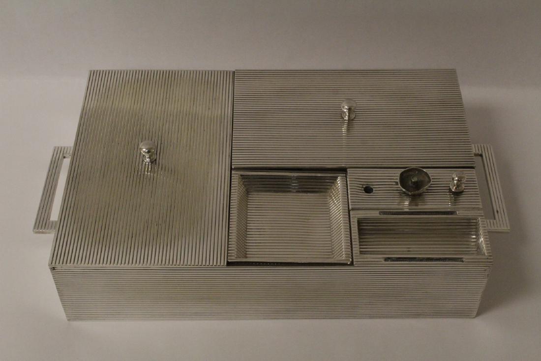 Silverplate and wood desk document holder: Silverplate and wood desk pen and document holder, with inkwell, letter compartment, etc., 3.25"Hx13"x7.25"