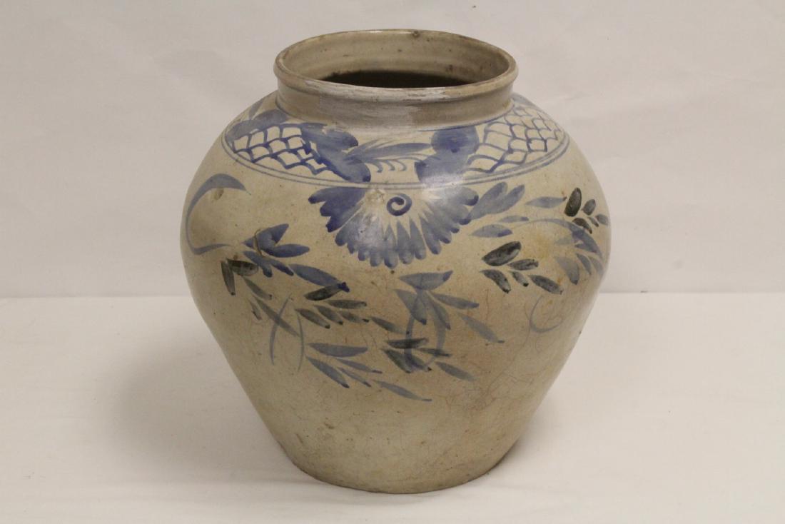 Antique Korean blue and white porcelain jar: Antique Korean blue and white porcelain jar, 13.25"Hx13.5"dia