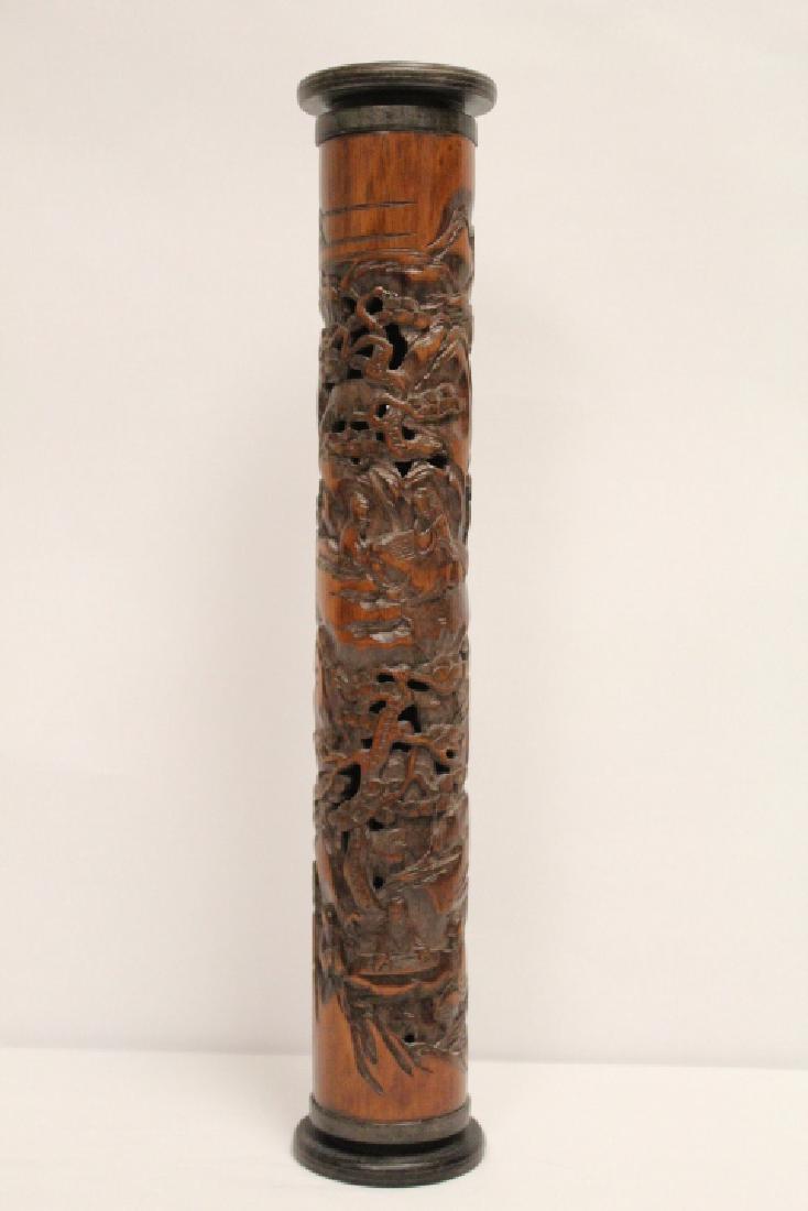 Chinese antique bamboo carved incense holder: Chinese antique bamboo carved incense holder, 18.8"Hx3.5"dia