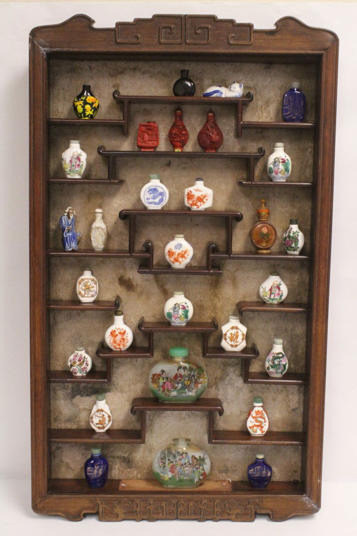 Chinese rosewood display case, with snuff bottles (1 of 10)