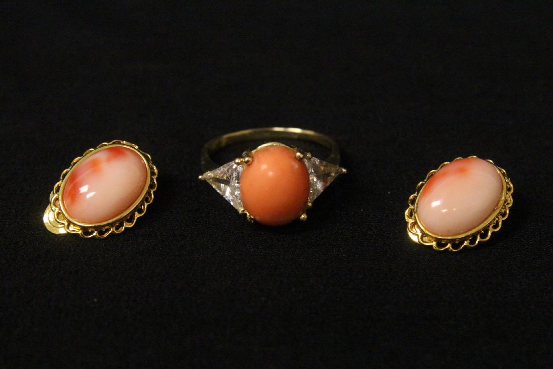 14K coral ring, and pair 14K coral earrings (1 of 10)