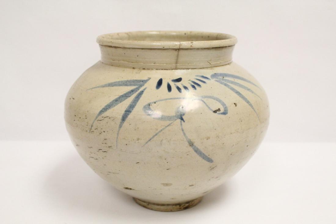 Antique Korean blue and white jar: Antique Korean blue and white jar (hairline on rim), 8.15"Hx9.15"dia