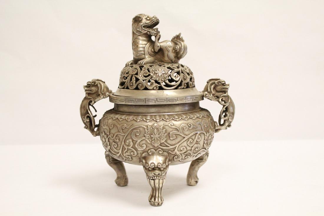 Chinese silver on bronze censer with qilin motif finial (1 of 10)