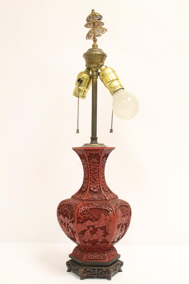 Chinese 19th c. cinnabar vase made as lamp (1 of 10)