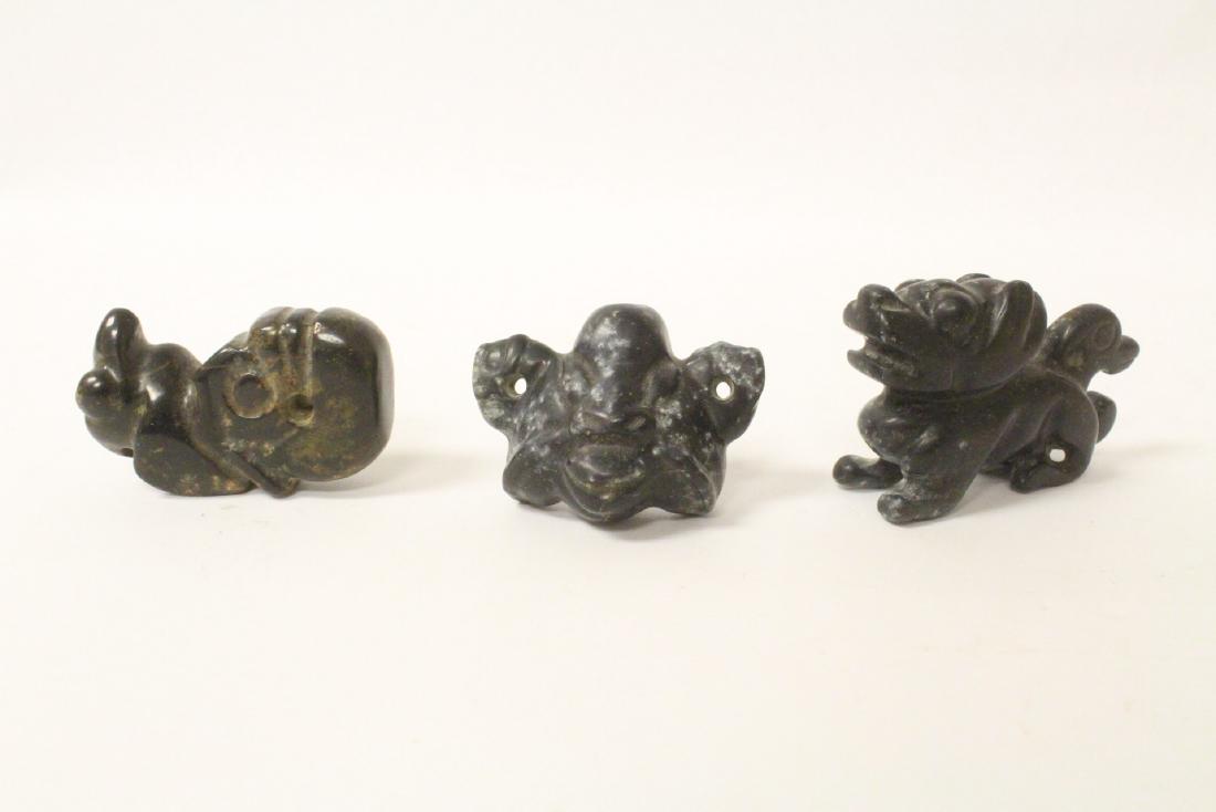 3 dark green jade carved ornaments: 3 dark green jade carved ornaments, 1.65"x2.5"x0.8", 1.5"x2"x0.9", 2.25"x1.38"x0.88"