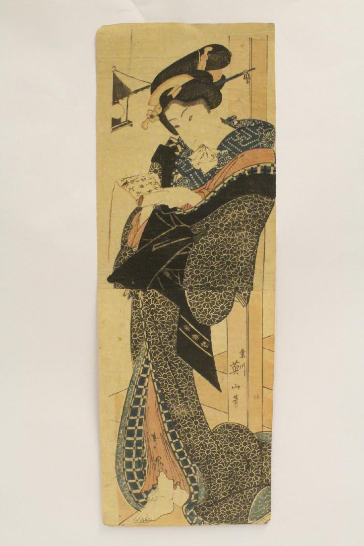 Antique Japanese doublet w/b print by Kikugawa Eizan: Antique Japanese doublet woodblock print by Kikugawa Eizan, 27"x9.25"
