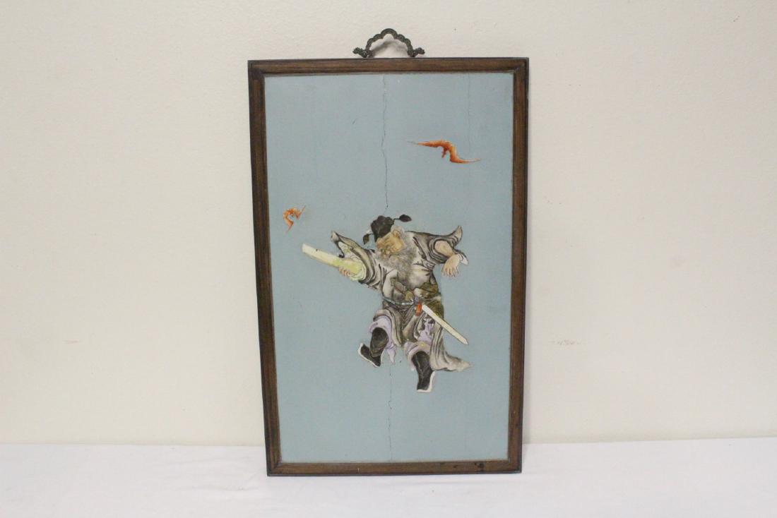 Chinese painting on wood: Chinese painting on wood depicting portrait of Daoism god (wood crack and repair), 27"x16.3"