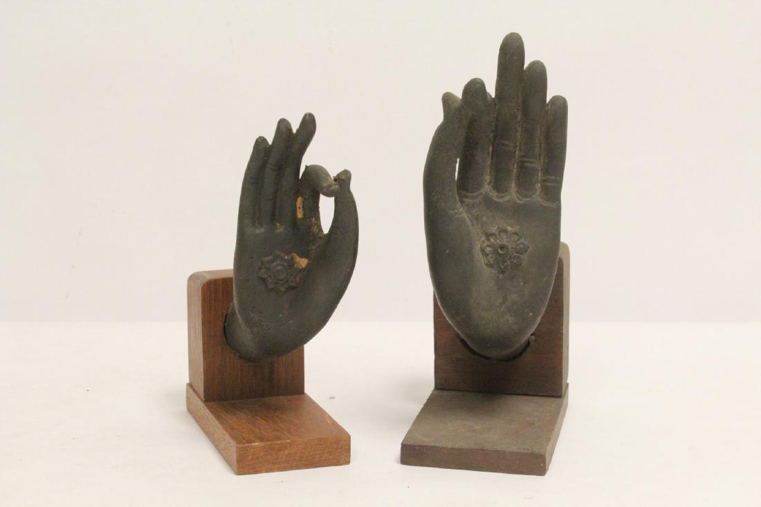 2 antique bronze Buddha hands on stand (1 of 10)