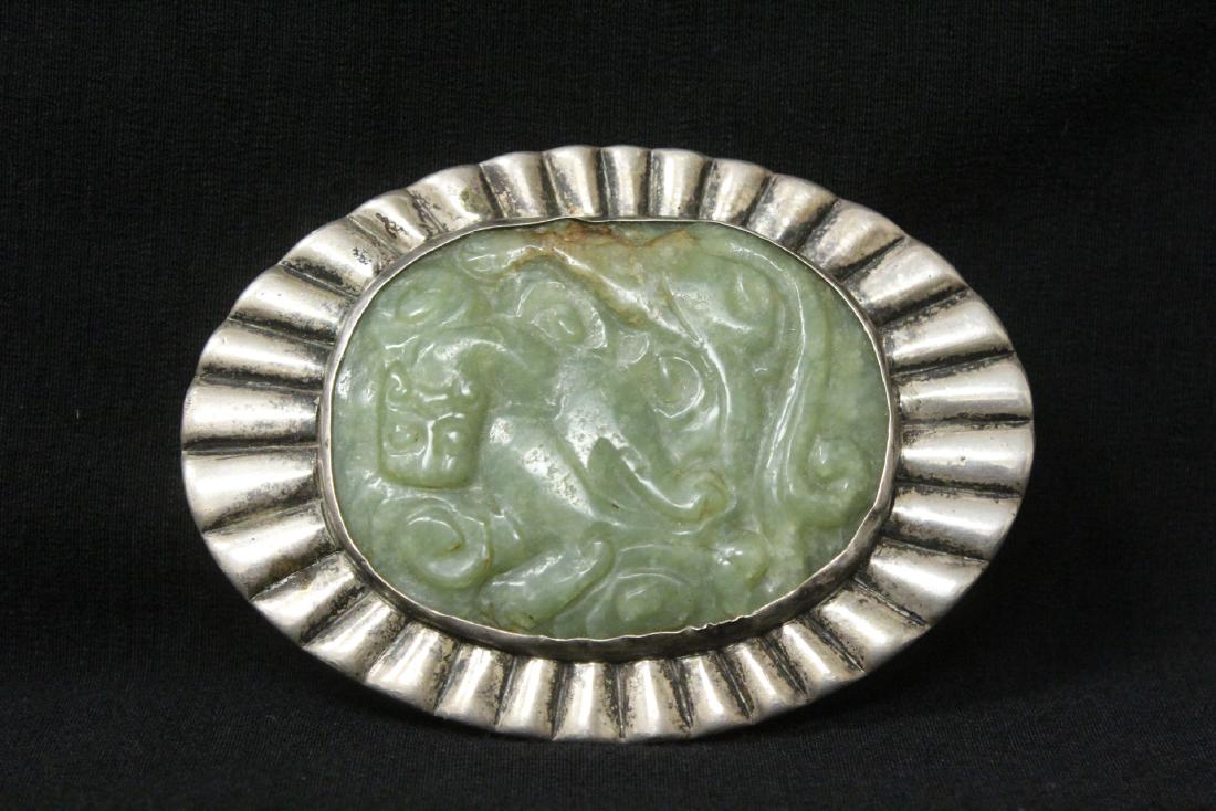 silver belt buckle w/ Chinese celadon jade plaque (1 of 7)