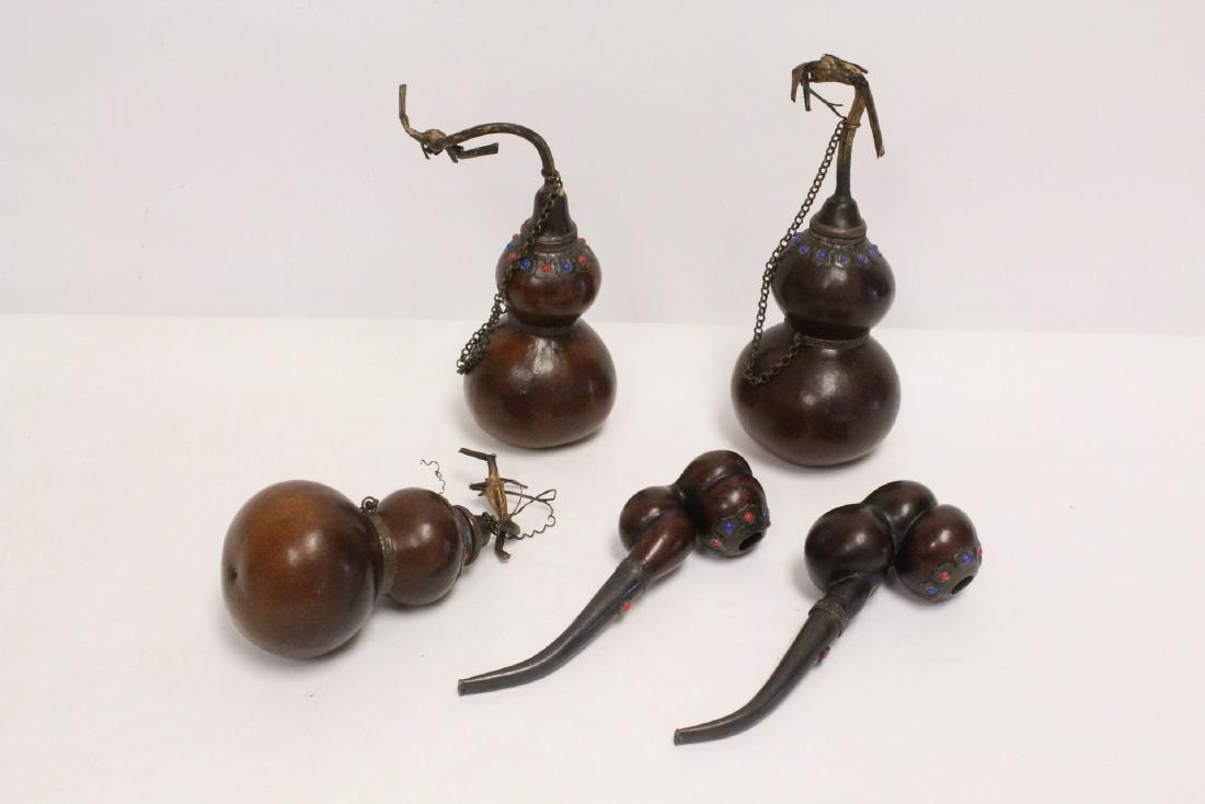 3 gourd vases, 2 gourd pipes with jewels (1 of 10)