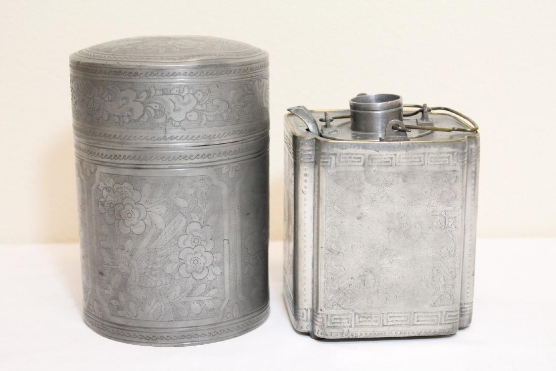 2 pieces Chinese antique pewter: 2 pieces Chinese antique pewter, 5.35"Hx4.35"x4.35", 6.8"Hx4.55"dia