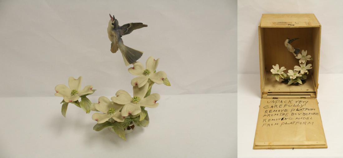 Signed Royal Worcester porcelain sculpture in box: Porcelain sculpture by Royal Worcester "blue grey Gnatcatcher" (10.5"H), signed by artist with original wood box