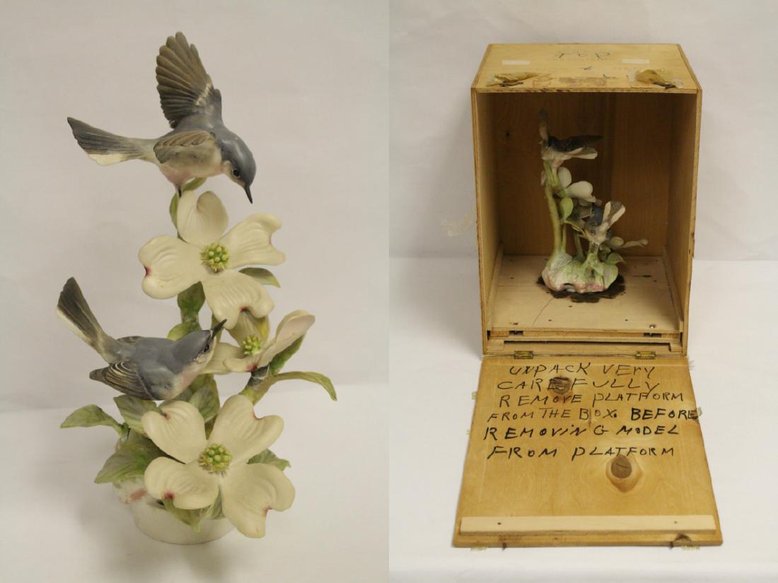 Signed Royal Worcester porcelain sculpture in box: Porcelain sculpture by Royal Worcester "blue-gray gnatcatcher" (11.5"H), signed by artist in original wood box (repairs)