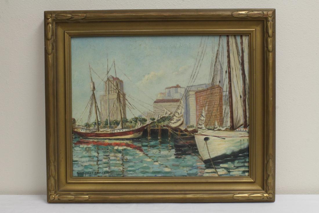 Oil on canvas by Glenn Fraze: Oil on canvas depicting harbor scene with sails by California artist Glenn Fraze (1883-1968), 15.3"x19.3"