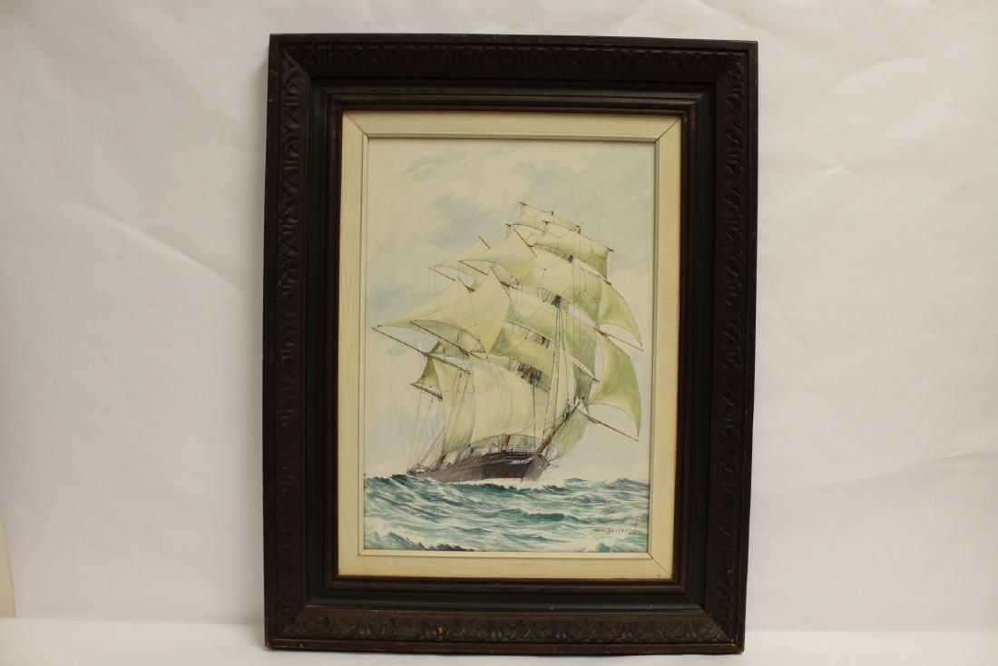 Framed watercolor by Hans Skalagard: Framed watercolor "seascape with sail" by California/Denmark artist Hans Skalagard, 19.5"x13.5"
