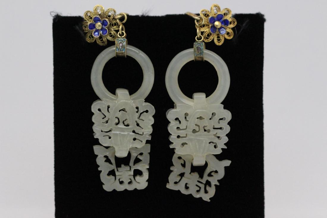 Pair beautiful Chinese white jade carved earrings (1 of 10)