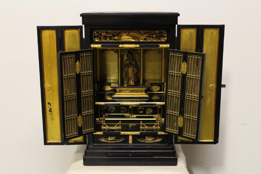 Japanese antique gilt wood shrine with wood Buddha: Japanese antique gilt wood shrine with wood carved Buddha, 23.1"Hx14.5"x12.9"