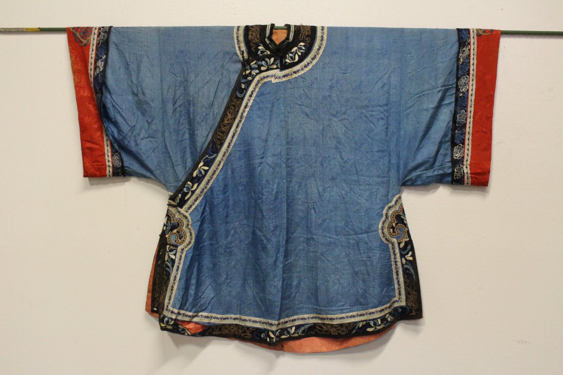 Chinese antique lady's robe: Chinese antique lady's robe with partial blind stitch embroidery technique to depict flowers and birds, 39.5"L