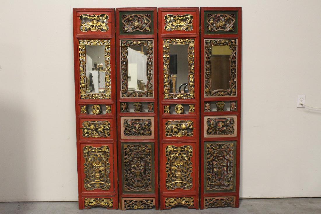 Chinese antique wood  carved 4-panel room divider (1 of 10)