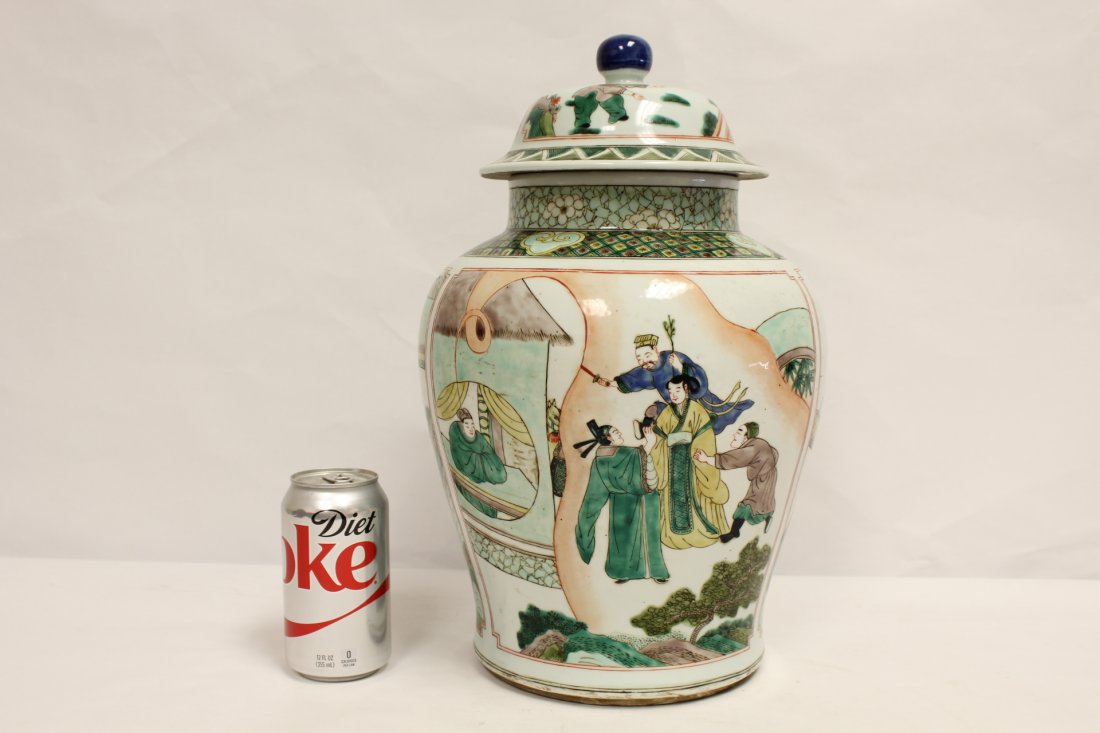 Chinese antique famille rose porcelain covered jar: Chinese antique famille rose porcelain covered jar, panel painted with fairy tale scene, 15.5"Hx10"dia