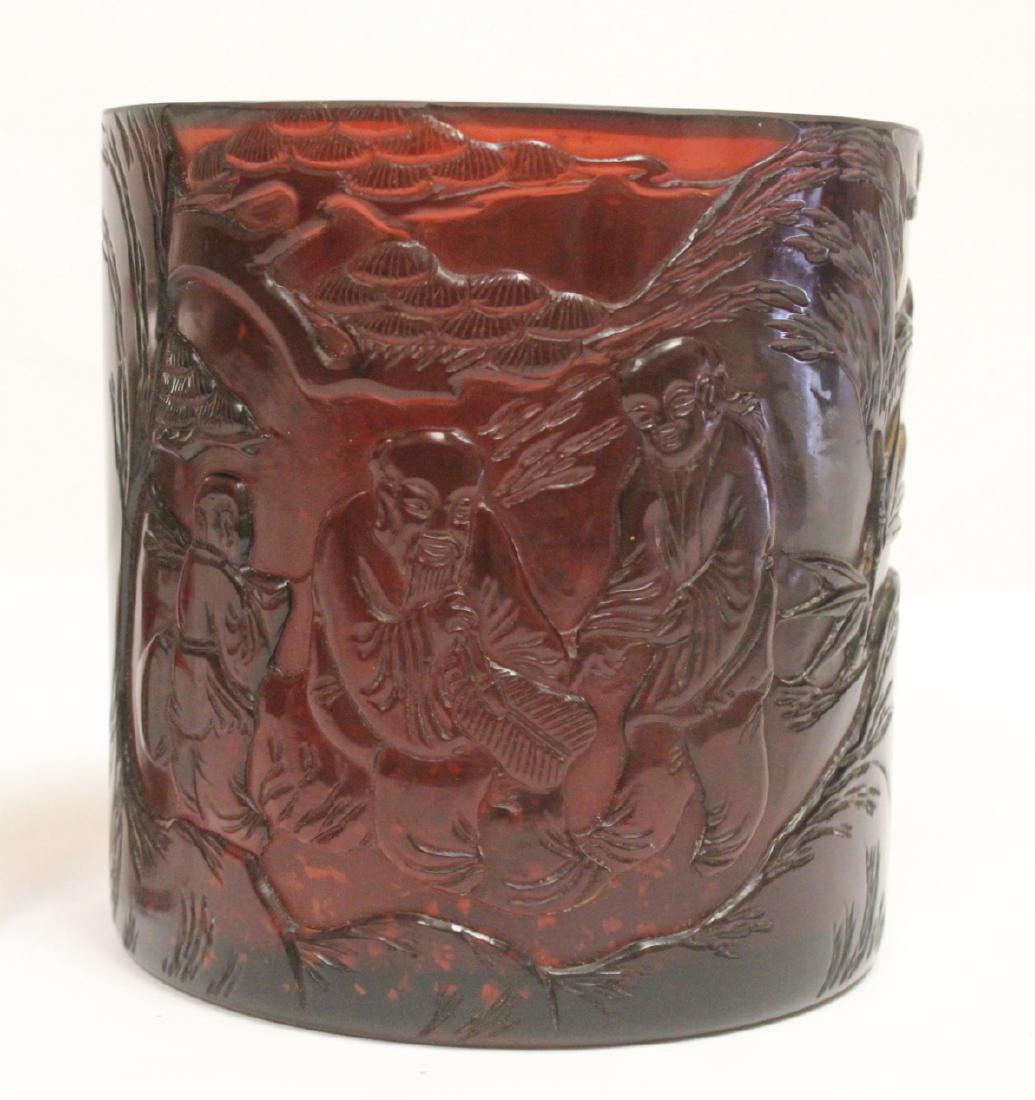Chinese amber color Peking glass brush holder: Chinese amber color Peking glass brush holder depicting landscape and calligraphy, 6"Hx5.95"dia