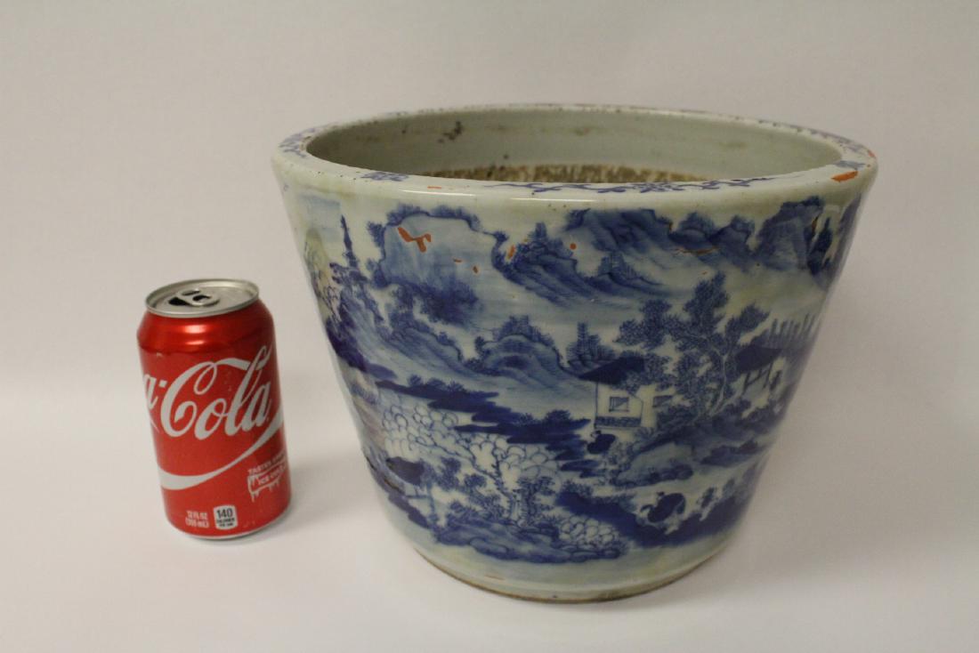 Beautiful Chinese antique blue and white planter: Beautiful Chinese antique blue and white planter painted with landscape of lake scene, 7.75"Hx10.4"dia