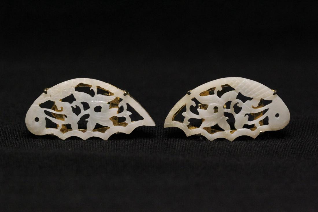 Pr Chinese carved white jade earrings w/ gilt silver (1 of 10)