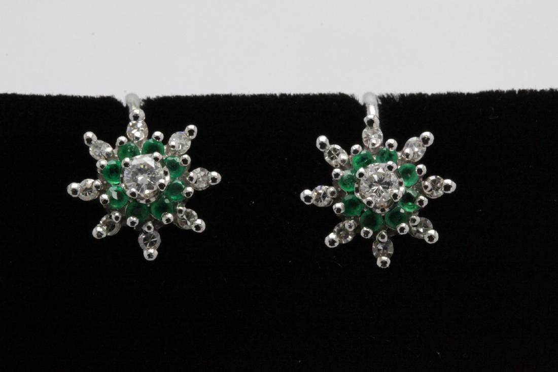 Pr 14K W/G earrings set w/ diamonds and emerald (1 of 10)