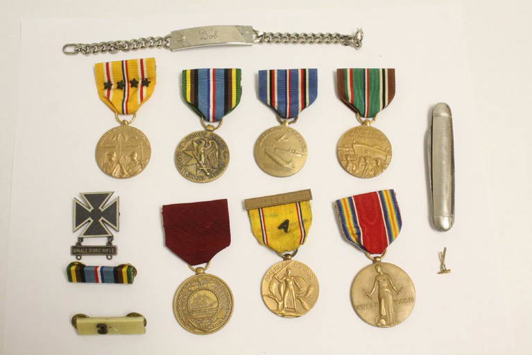 8 Military Medals, Sterling Bracelet & A Pocket Knife