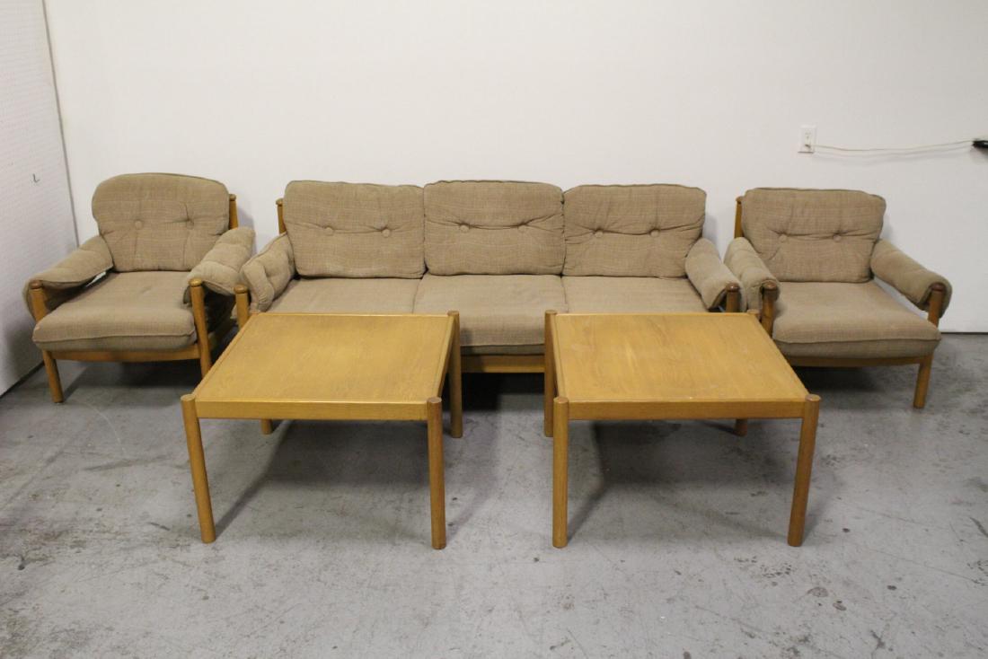 5 piece Denmark modern design living room set: 5 piece Denmark modern design living room set; including couch (27.25"Hx74.5"x32"), 2 armchairs (27.7"Hx31"x31" each) and 2 side tables (19.2"Hx29.6"x29.6" each) by Dyrlunk