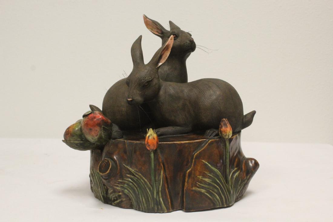 Pottery sculpture depicting rabbit group: Pottery sculpture depicting rabbit group, 10"H